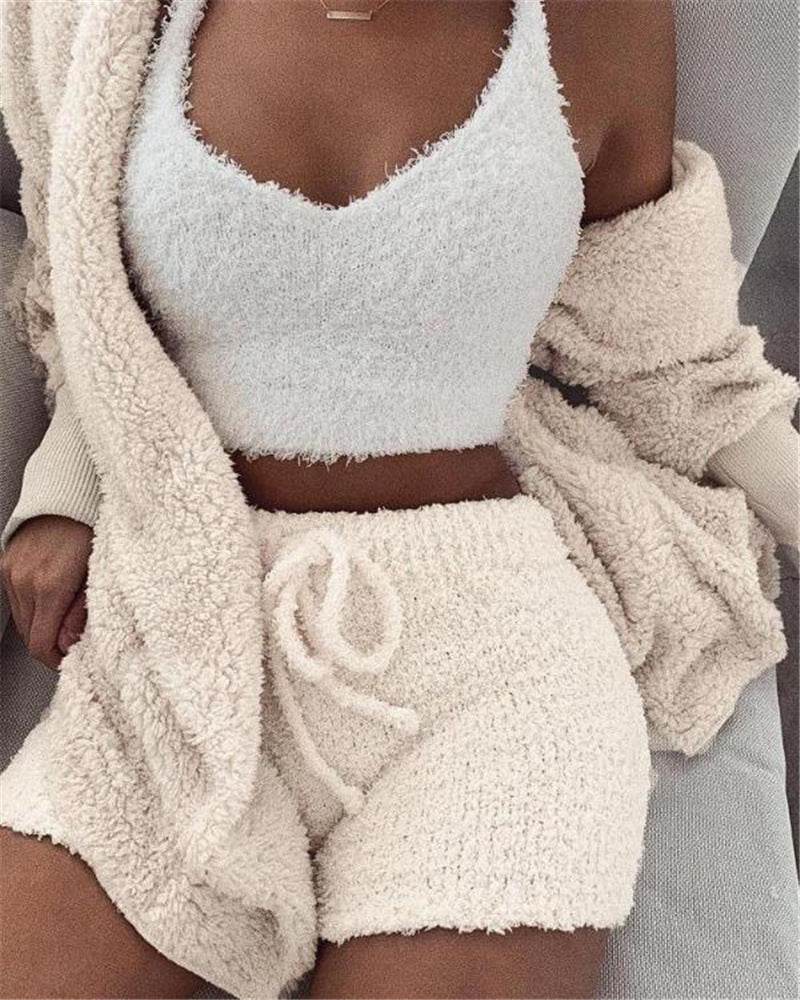 The trending miscellaneous 3pcs Womens Clothing Long Sleeve Crop Tank Top And Drawstring Shorts Pajama Set