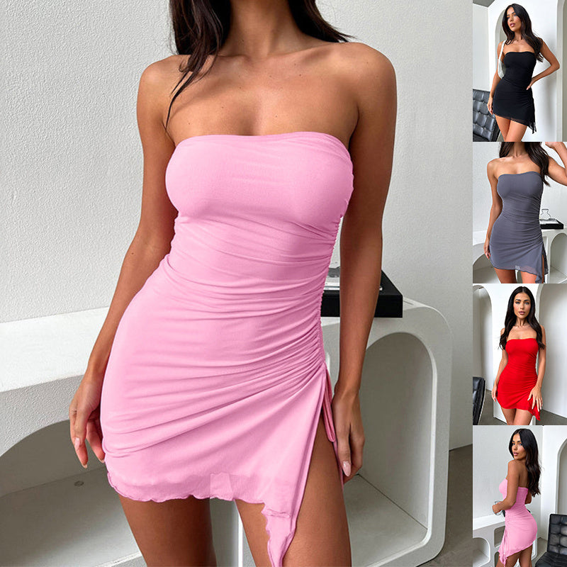 The trending miscellaneous Tube-top Split Dress Summer Ins Fashion Backless Short Dresses for Women