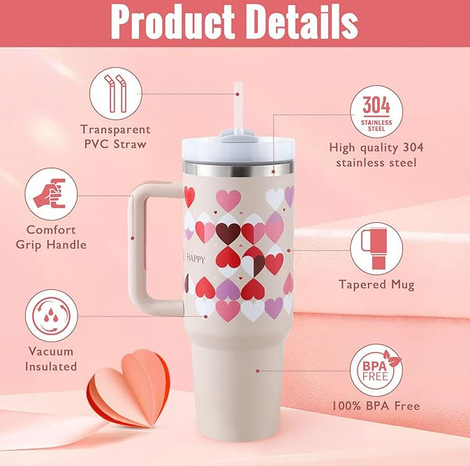 The trending miscellaneous 40 Oz Tumbler With Handle Straw Insulated, Stainless Steel Spill Proof Vacuum Coffee Cup Tumbler With Lid Tapered Mug Gifts For Valentine Lover Suitable For Car Gym Office Travel